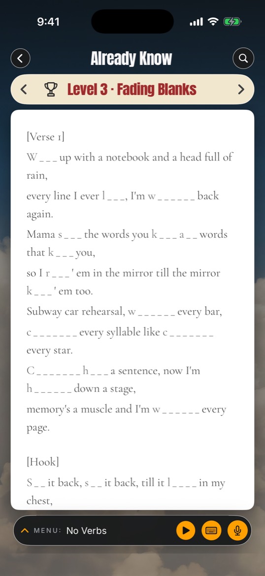 Lyrics with words hidden in MemoryLab's Fading Blanks level