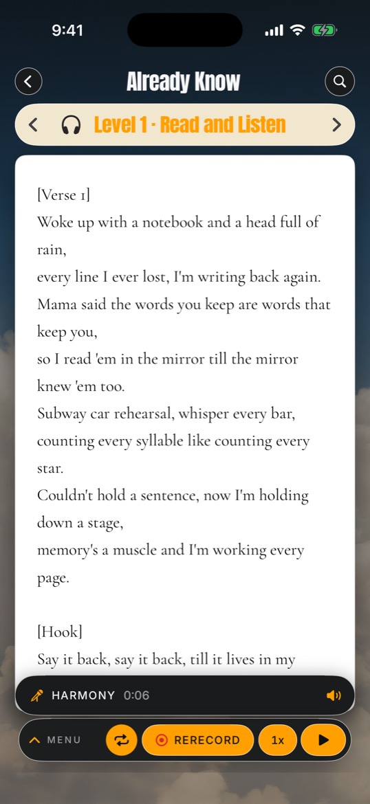 A song page with the Harmony pill above the Menu pill
