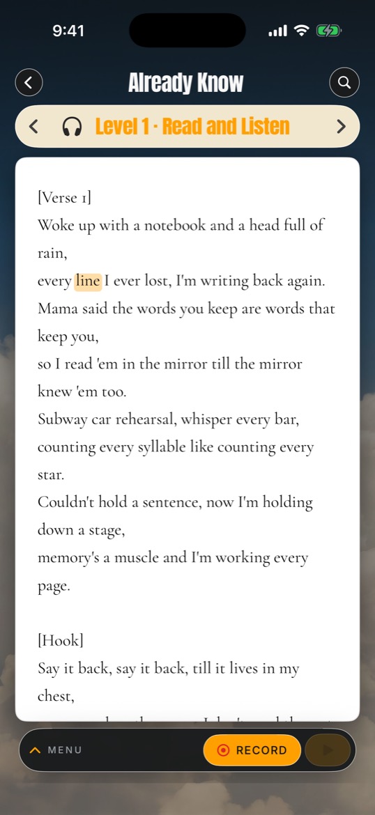 A lyrics document, words lighting up with the lead take