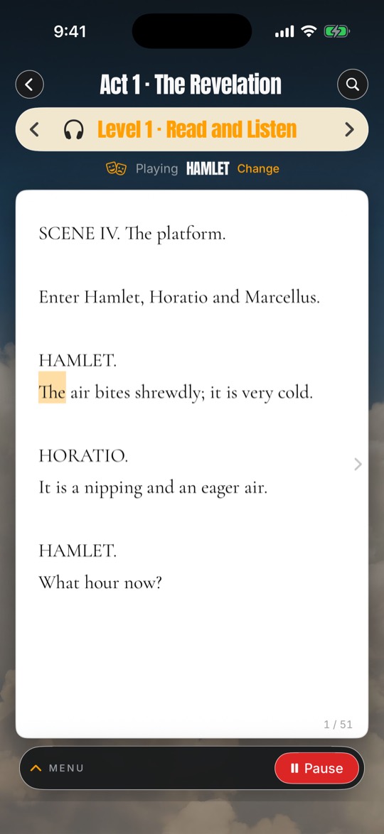 Level 1, Read and Listen: a word of Hamlet lights up as it is read