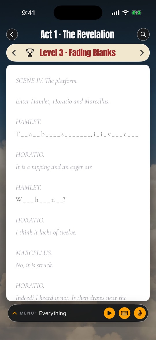 Level 3 with everything hidden: Hamlet's lines show only their first letters, the other parts stay on the page