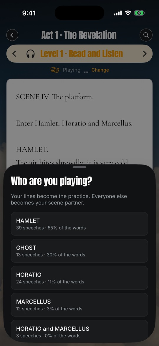 Who are you playing? Hamlet, Ghost, Horatio and Marcellus, each with their share of the lines
