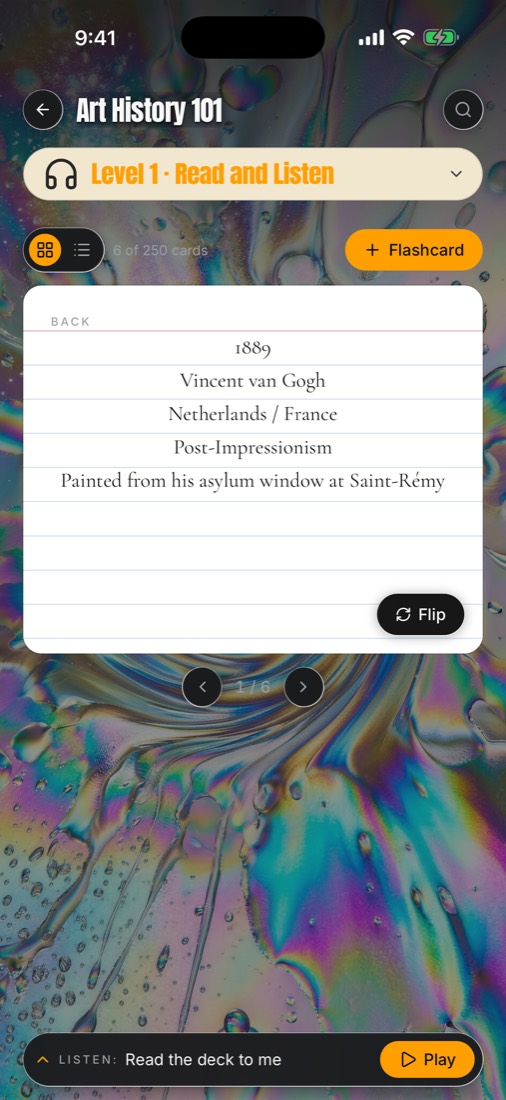 A MemoryLab flashcard: Starry Night on the front, the answer on the back