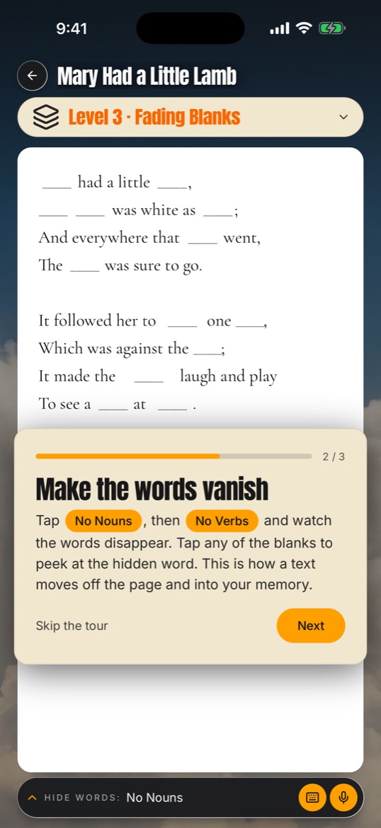 Mary Had a Little Lamb on Level 3, Fading Blanks, with the tip Make the words vanish