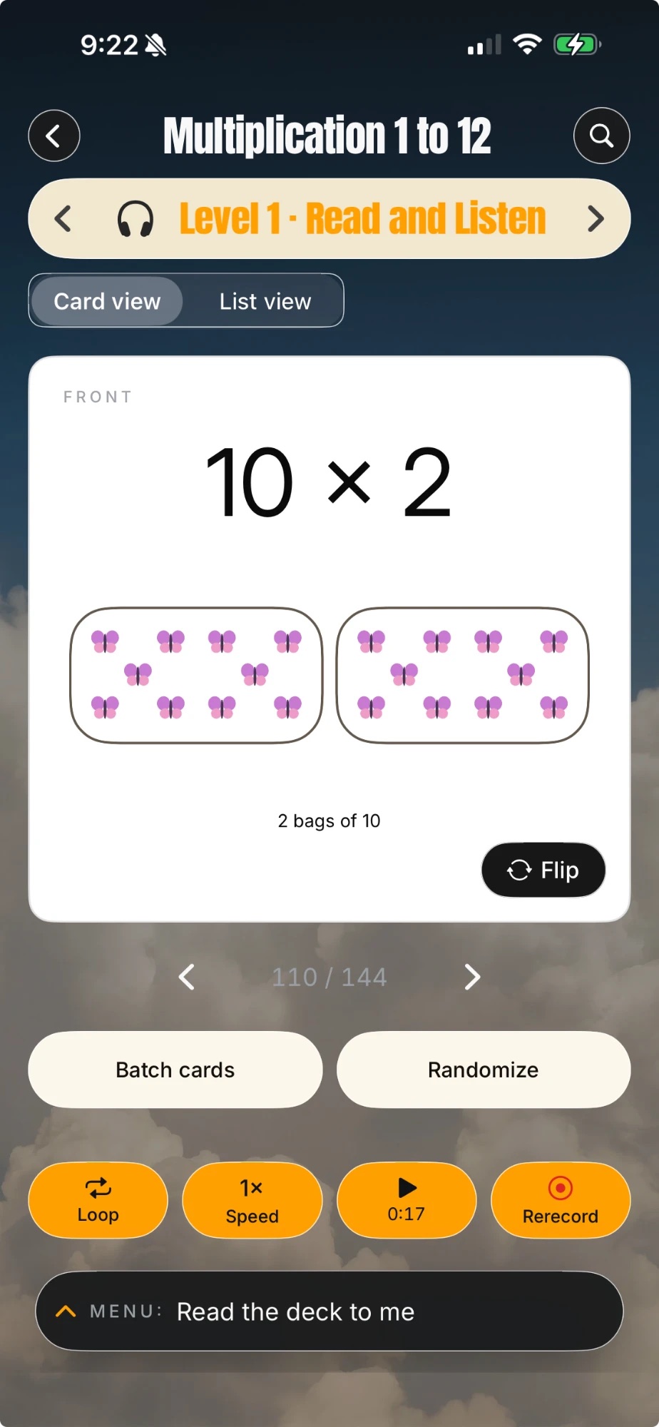A math flashcard on Level 1: 10 times 2, shown as 2 bags of 10