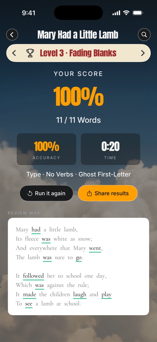 Your score: 100 percent, 11 of 11 words, with a review map of every word